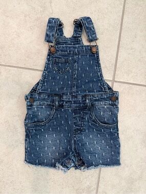 Girls Dark Blue Denim Short Overalls with Distressed Detail